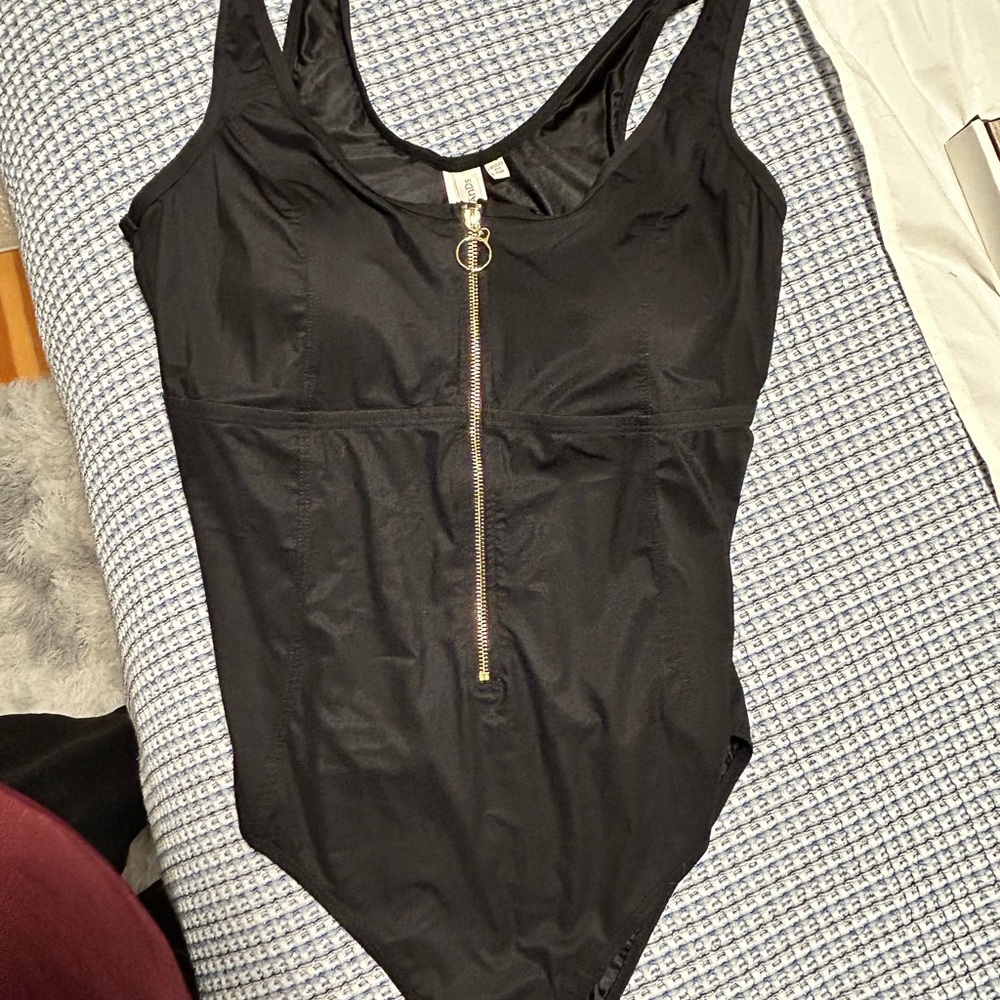 Black Zipper Front Women Swim One Piece